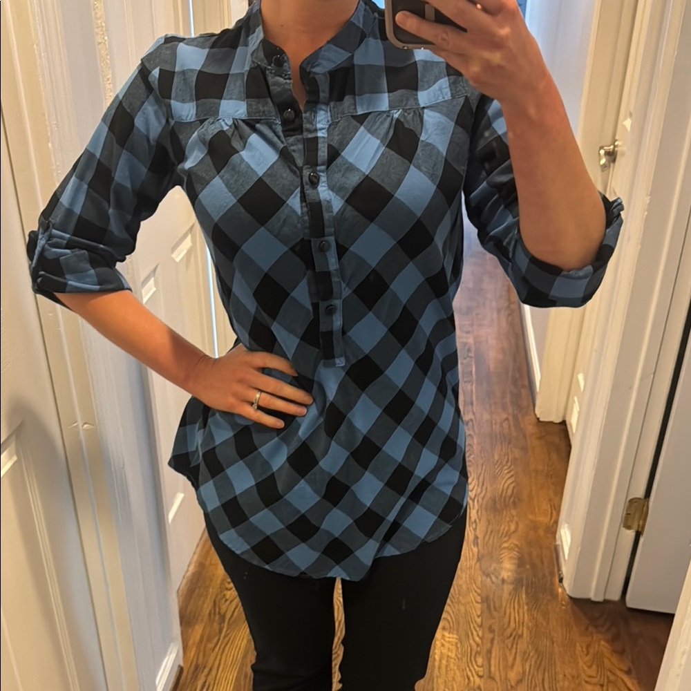 Light Blue and Black Checkered Plaid Women's Top Button Up